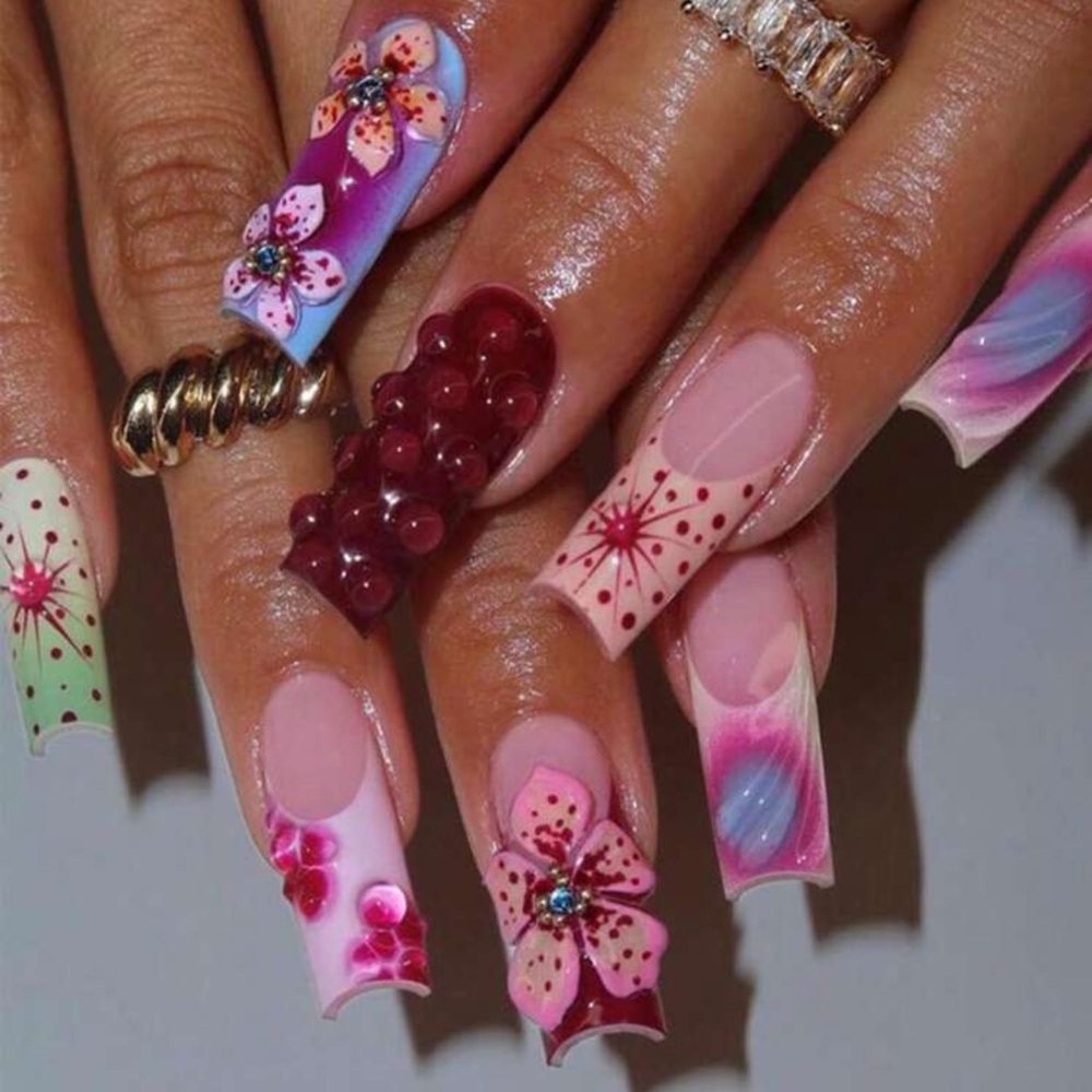 24PCS 3D Spring And Summer Pink Flowers Nail Supplies And 1 Nail File